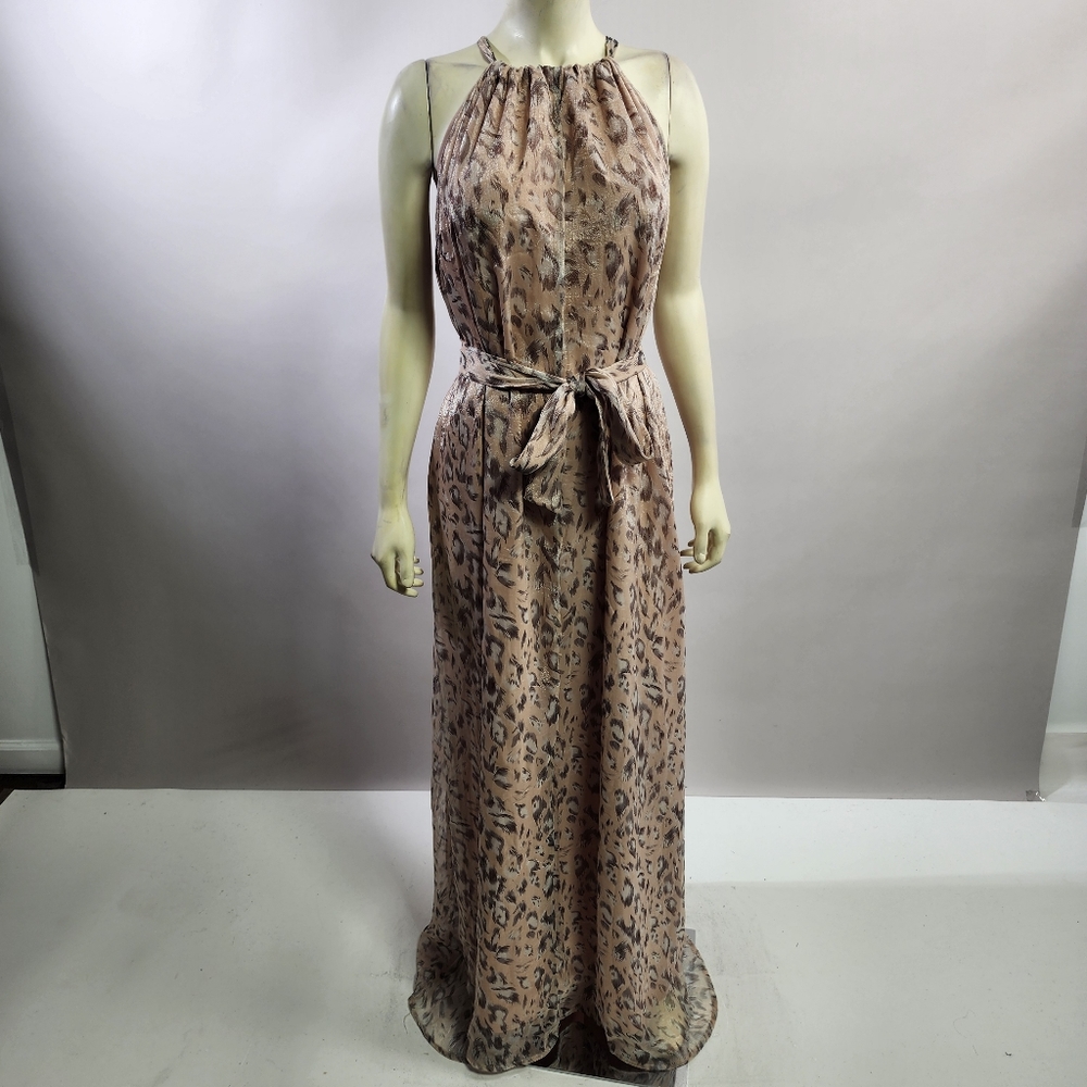Halter-Neck Leopard Print Maxi Dress in Beige